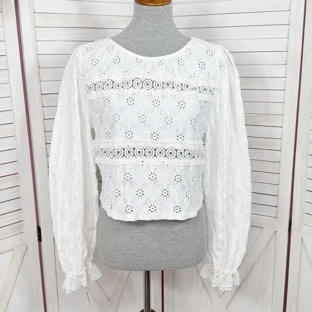 Zara Eyelet Balloon Sleeve Crop Top Shirt White Medium Cottagecore‎ Boho Country